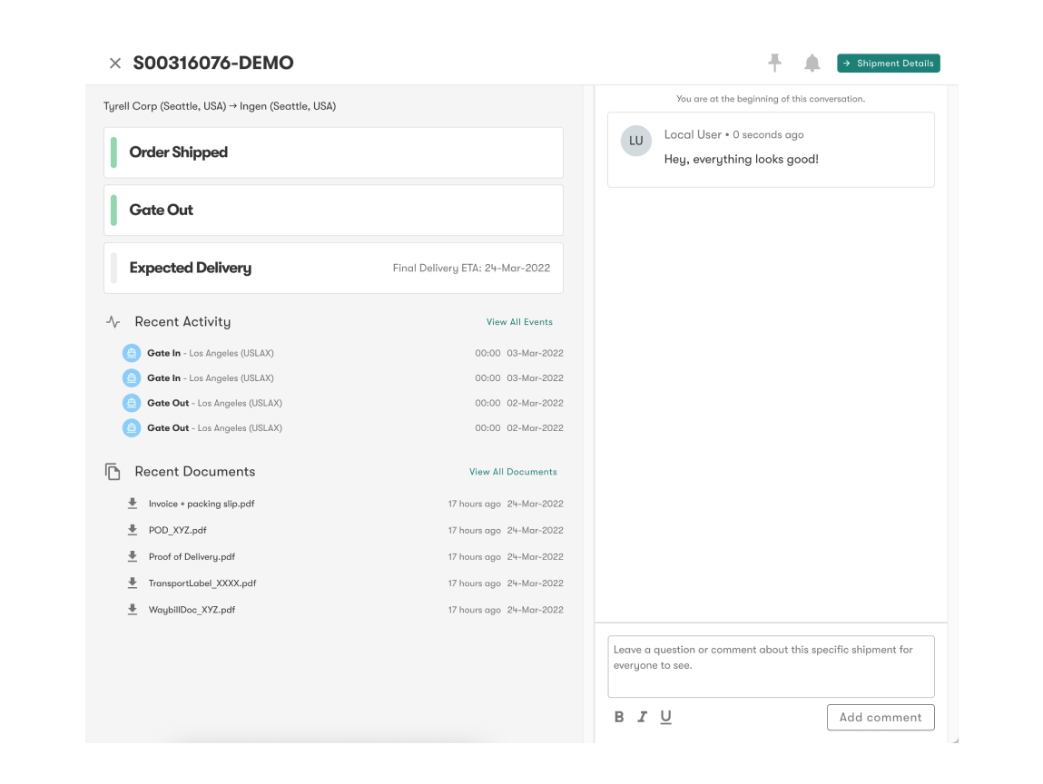 Real-time insights on order milestones, arrival times and more